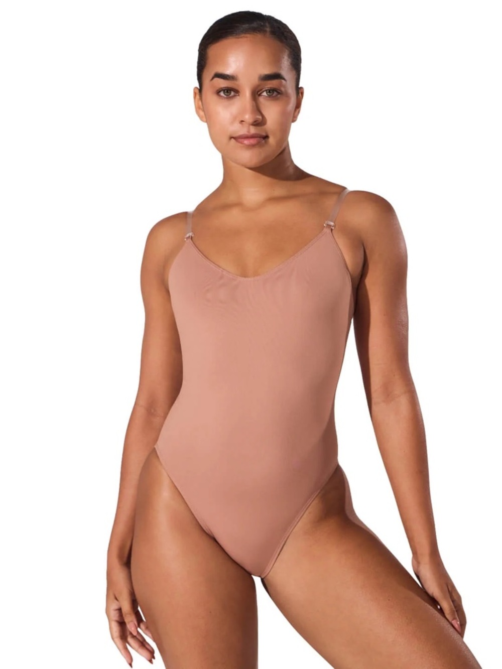 Capezio Suntan Camisole Leotard Clear Straps NWT Medium Dance Ballet